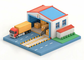 Modern Logistics Warehouse with Truck and Cargo Boxes in Transit