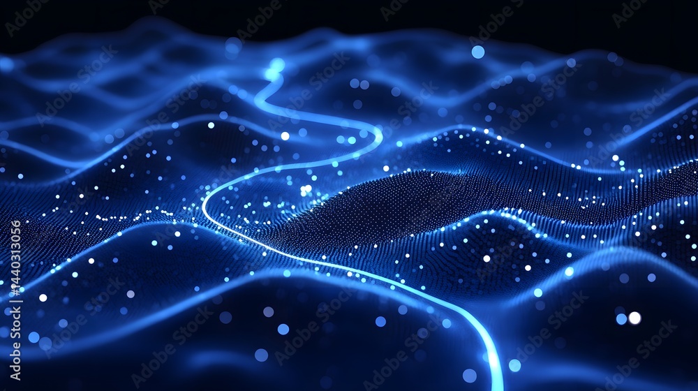 Aufkleber A captivating dark blue backdrop featuring a dotted topographical surface and a radiant blue line. Bokeh circles add depth and texture. Abstract wireframe in dark blue.