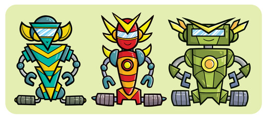 Cool modern robot red and green cartoon illustration set