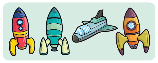 Funny and cool rocket cartoon illustration set