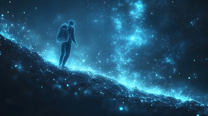Obraz premium A digital traveler on a virtual terrain. The scene evokes a futuristic, ethereal mood with glowing points and a night sky. Abstract wireframe in dark blue.