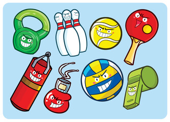 Cute and funny sports item cartoon character illustration set