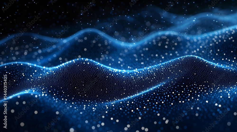 Leinwandbilder Dynamic, undulating surface of sparkling blue and white dots creates depth and texture. Resembles waves against a dark backdrop. Visually interesting and captivating. Abstract wireframe in dark blue.