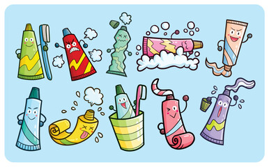Cute and funny toothpaste cartoon character illustration set