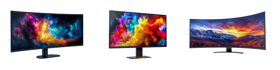 A collection of modern computer monitors with vibrant colorful displays isolated on a transparent background.
