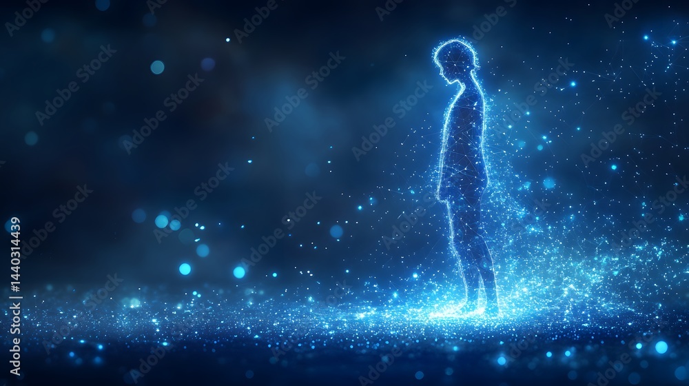 Poster a glowing blue figure stands on shimmering particles, head bowed in contemplation. evokes digital ab