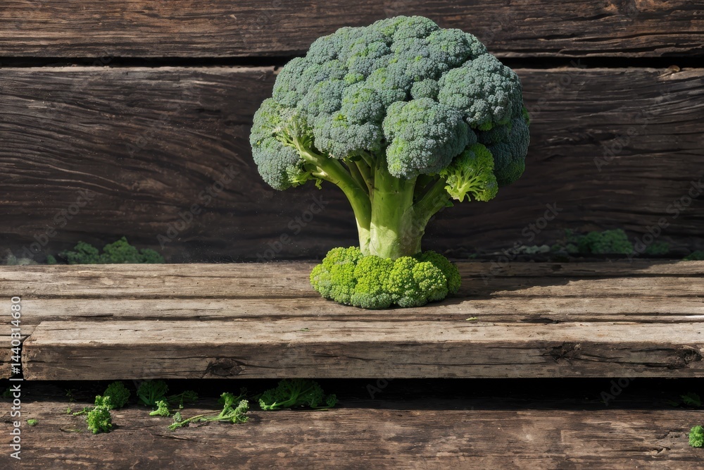 Poster Fresh Broccoli Vegetable Displayed on Rustic Wooden Surface Highlighting Texture and Color of Broccoli Florets and Stalks in Natural Setting