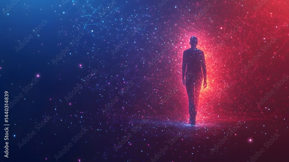 Poster A lone figure journeys through a vibrant field of connected particles, bathed in blue and red light. Symbolic of interconnectedness and exploration. Abstract wireframe in dark blue.
