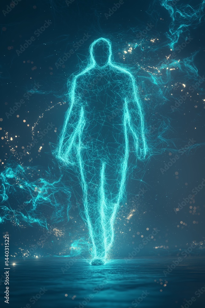 Poster Glowing digital human silhouette formed by particles and light representing futuristic technology, artificial intelligence and virtual data visualization, Generative AI