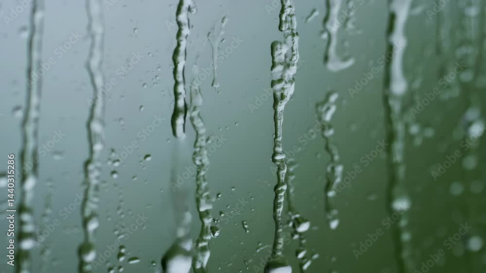 Poster close-up of raindrops cascading down a foggy green surface, creating a soothing and tranquil atmosph