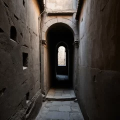 A narrow, cobblestone alley in the historic old city of Jerusalem, flanked by ancient stone walls, vibrant market stalls, and colorful textiles.