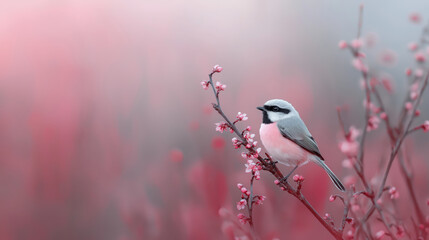 Small bird perched on branch with pink blossoms in soft dreamy background
