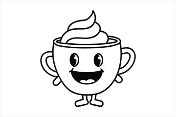 Laughing latte cup with whipped cream hair and little waving hands icon logo