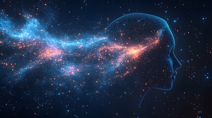 Obraz premium Futuristic digital head profile with glowing particles and network. Represents AI, consciousness, or the digital mind amidst a cosmic backdrop. Abstract wireframe in dark blue