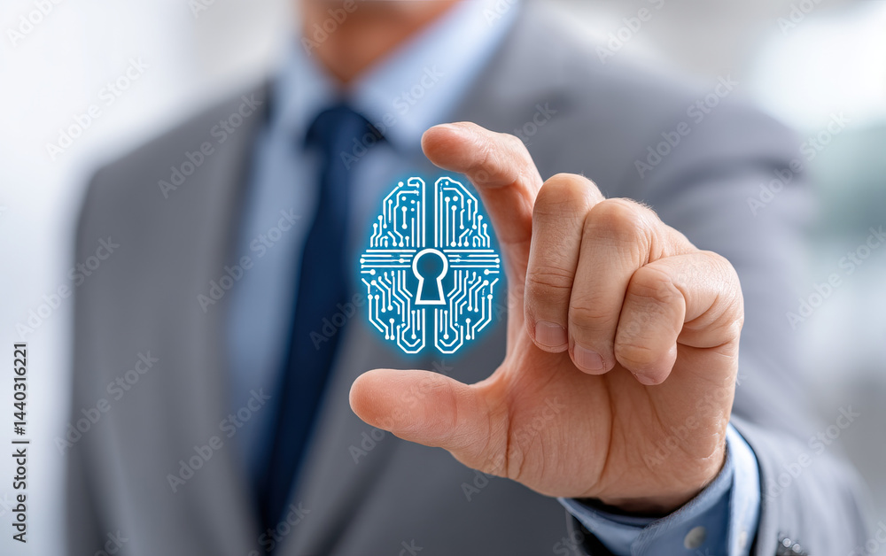 Poster secure ai technology icon with digital lock held by businessman in suit, symbolizing data protection