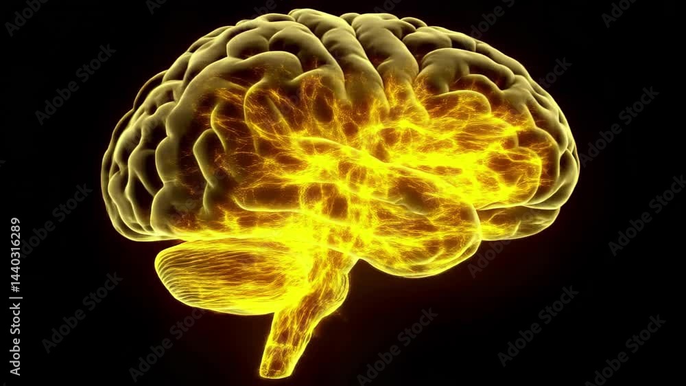 Poster dynamic, glowing brain visualization with vivid golden hues on a dark background, showcasing neural 