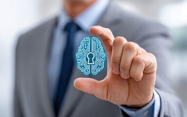 Secure AI technology icon with digital lock held by businessman in suit, symbolizing data protection and cybersecurity