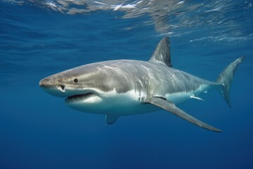 Fototapeta premium Great white shark swimming in clear blue ocean water