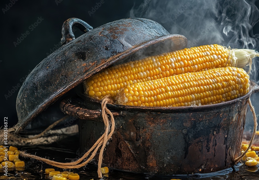 Poster freshly cooked corn on the cob steaming in vintage pot with rustic texture and dark background captu