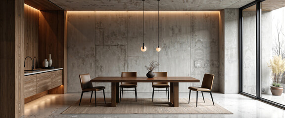 Modern Minimalist Dining Room Interior Design with Concrete Wall Wooden Table and Leather Chairs