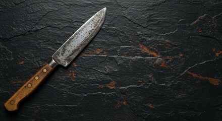 Old Kitchen Knife Resting on Dark Stone Surface