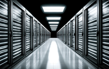 Data center corridor with server racks on both sides and bright ceiling lights reflecting on floor