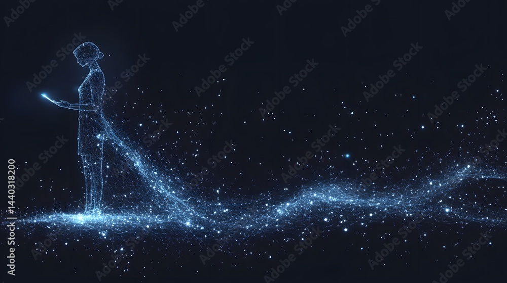 Poster futuristic representation of a woman interacting with technology. the glowing blue wireframe and net