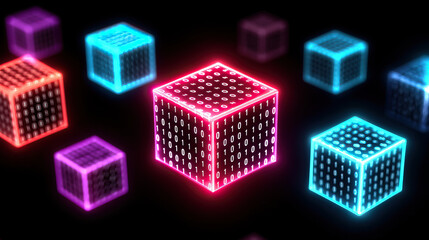 Floating 3D digital cubes with binary code glowing in neon colors on dark background, representing data and technology