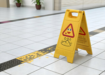 Caution Wet Floor Sign in Shopping Mall with Playful Design