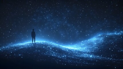A silhouetted figure contemplates the cosmos on a radiant path, bathed in starlight. A journey into the unknown, lit by inner light and cosmic wonder. Abstract wireframe in dark blue.