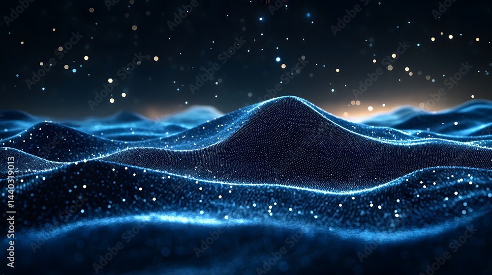 Poster abstract landscape featuring undulating blue hills composed of dots, glowing particles, and a gradie