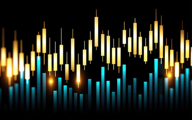 Golden candlestick chart with blue bar graph on black background, showing dynamic financial data and futuristic trading concept