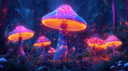 Naklejka premium Glowing mushrooms in a vibrant forest