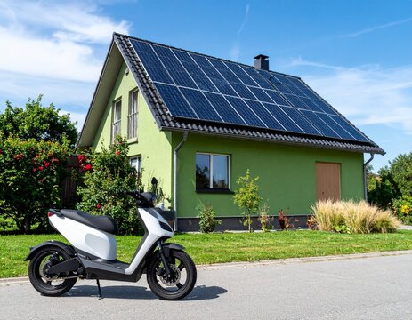 Charging EV autobike knear a green home with solar panels
