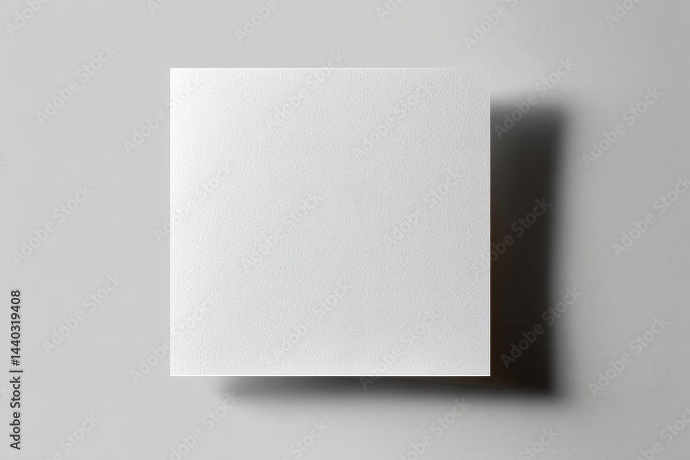 Poster a white square with a subtle texture is mounted on a light gray wall, casting a soft shadow to the r