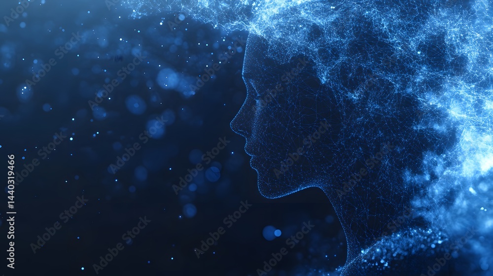 Aufkleber Digital headshot rendered as a blue network. Interconnected lines form the head shape, fading into ethereal patterns near hair. Bokeh lights add depth. Abstract wireframe in dark blue