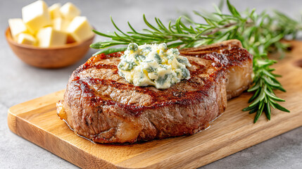Perfectly seared ribeye steak topped with creamy blue cheese and fresh rosemary on wooden cutting board, delicious and savory