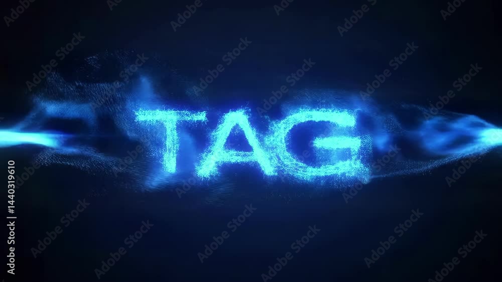 Poster dynamic visual of glowing blue particles forming the word tag against a dark background, creating an