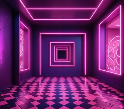 A stylish room illuminated by vibrant pink neon lights, contrasting beautifully with sleek black tiles, creating a modern and energetic atmosphere.