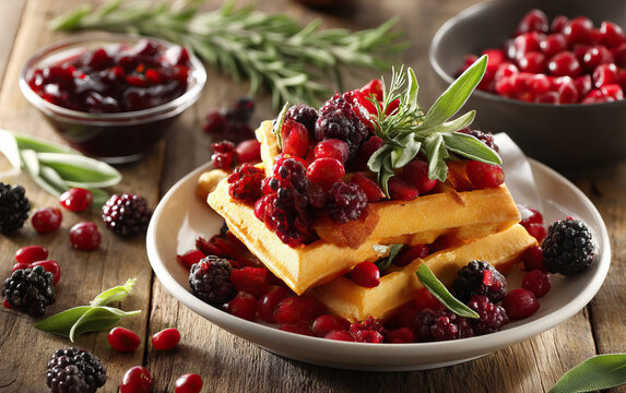Stack of golden waffles topped with mixed berries and fresh herbs on white plate, rustic wooden table background