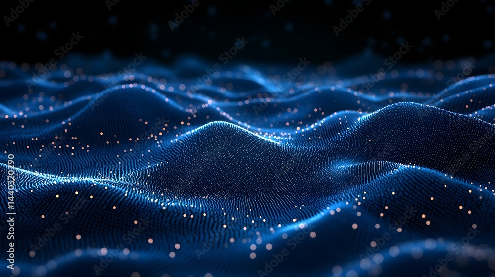 Fototapete dynamic blue wave pattern formed by tiny dots, contrasted by blurry orange orbs. a captivating abstr