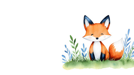 Obraz premium A watercolor cartoon frame with cute fox sitting on grass with copy space for text 