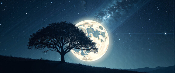 Majestic Full Moon Night Scene Lone Tree Silhouetted Against Starry Sky and Bright Moon