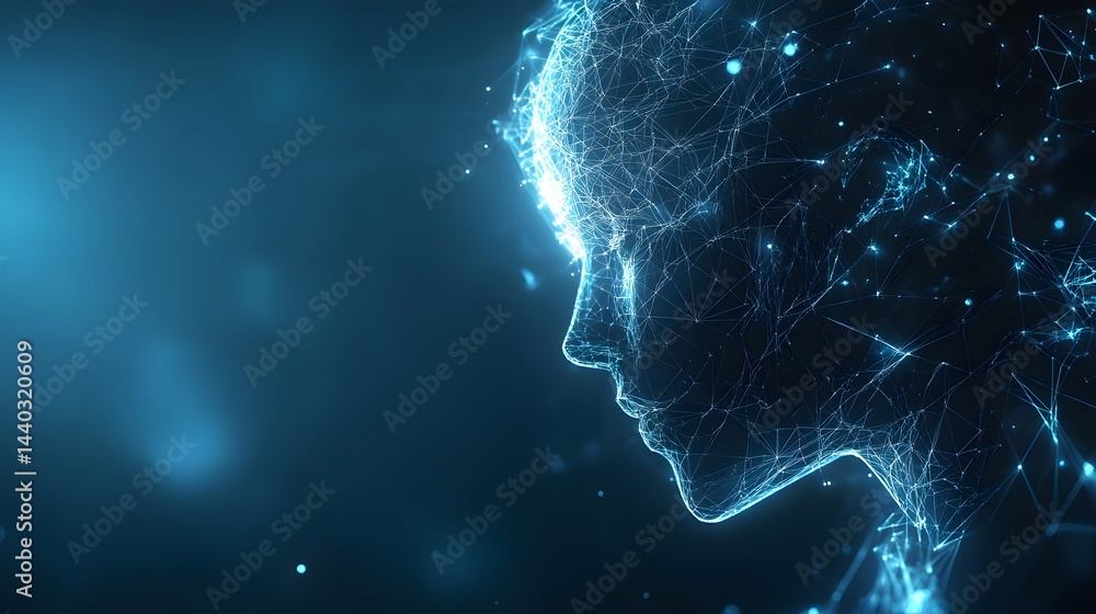 Aufkleber Digital human head profile formed by glowing blue lines and dots. A futuristic, technological representation with a defined face and network extending down the neck. Abstract wireframe in dark blue