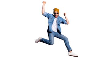 Full length body size photo of cheerful screaming shouting running fast man celebrating his victory at competitions isolated over purple vivid color background