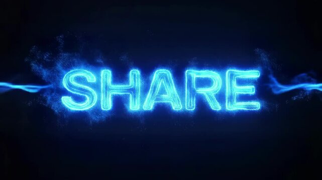 Glowing blue text spelling 'SHARE' with sparkling particles and electric effects against a dark background
