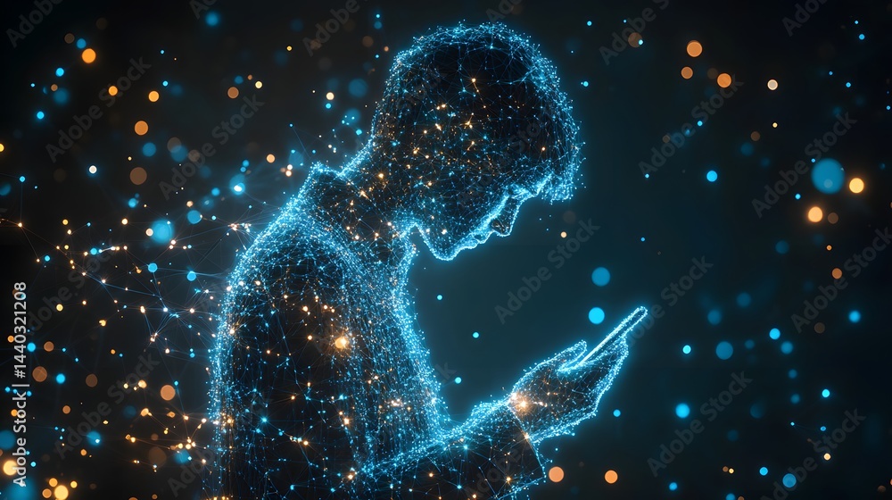 Poster digitized person engrossed in their phone, represented by interconnected blue and orange dots. futur
