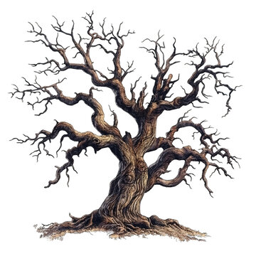 detailed illustration of gnarled, leafless tree with twisted branches