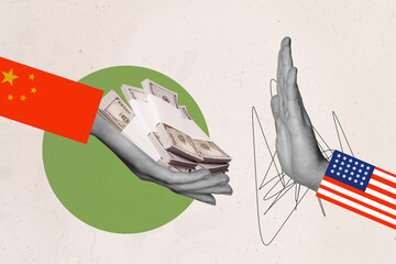 Creative trend artwork 3D collage sketch of china hand hold banknote usa gesture showing stop...