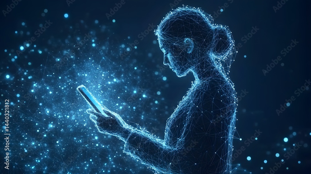 Fototapete futuristic digital woman gazes at a glowing blue smartphone. connected lines and blue dots create a 